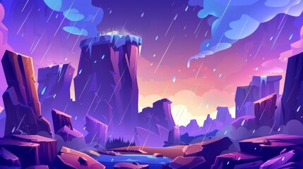 Illustration of high rocks and peaks with cliffs, ledges and dangerous gaps at rainy weather with wind and falling water drops at mountain landscape. Modern illustration.