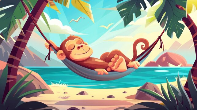 Cartoon Character Of An Ape Cartoon Character Relaxing On A Tropical Seaside Beach With Ocean View, Rocks And Palm Trees.