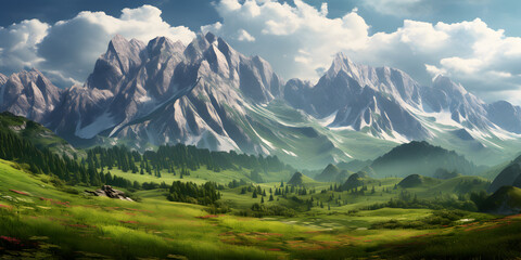 Illustration of a beautiful landscape with dark mountains and green meadow