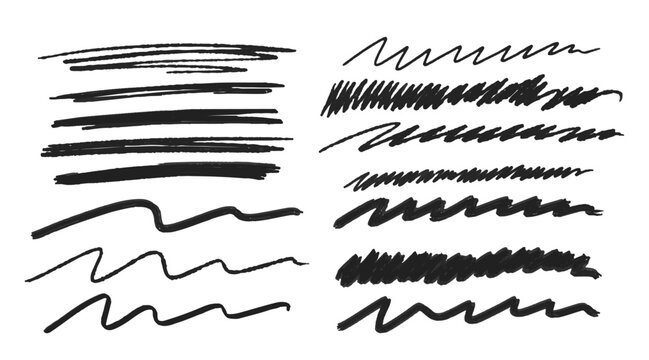 Set Of Strikethrough Underlines. Brush Stroke Markers Collection. Scribble Straight or Wavy Lines On White Background