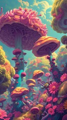 psychedelic trippy wonderland landscape with mushrooms, flowers,  some aliens, cartoon, fantasy style of technicolor dreamscape  illustration, vertical
