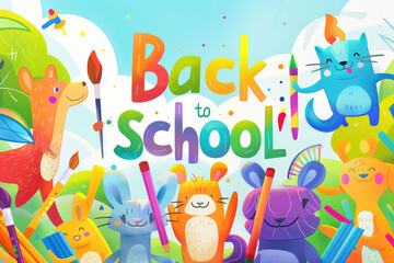 Naklejka premium Welcome Back to school horizontal banner. Illustration of school Supplies and happy animals ready for the new course year
