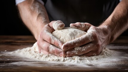 Male hands preparing dough for bread or other pastry closeup. Making dough by male hands on wooden table background