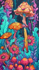 Fototapeta na wymiar psychedelic trippy wonderland landscape with mushrooms, flowers, some aliens, cartoon, fantasy style of technicolor dreamscape illustration, vertical