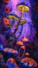 psychedelic trippy wonderland landscape with mushrooms, flowers,  some aliens, cartoon, fantasy style of technicolor dreamscape  illustration, vertical