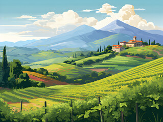 Illustration of beautiful Italian rural landscape with small village 