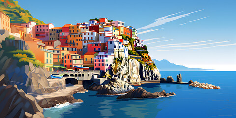Illustration of an Italian city with colorful houses on coastline  - obrazy, fototapety, plakaty
