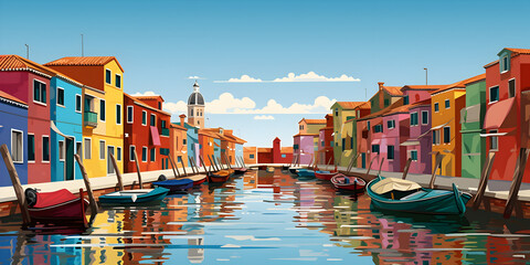 Illustration of an Italian Murano city with colorful houses - obrazy, fototapety, plakaty
