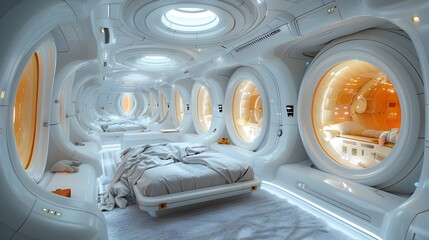 Futuristic Spaceship Interior with Glowing Blue and White Illumination