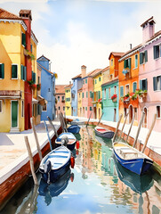 Fototapeta na wymiar Watercolor illustration of an Italian Murano city with colorful houses