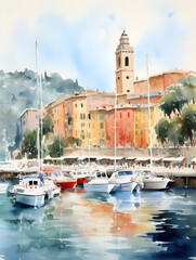 Watercolor illustration of an Italian village with colorful houses 