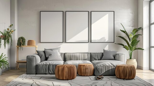 vertical iso a2 frame mockup set in reflective glass showcasing posters on living room wall with modern scandinavian bohemian interior design 3d render