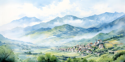 Obraz premium Watercolor illustration of beautiful rural landscape with small village 