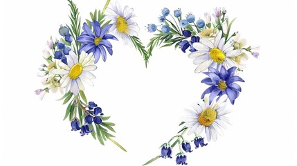 watercolor heart wreath with daisies and bluebells handdrawn botanical illustration