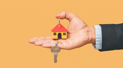 Concept of investment property, Mortgage. hand holding house symbol model with key,  real estate concept