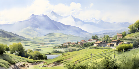 Watercolor illustration of beautiful rural landscape with small village 