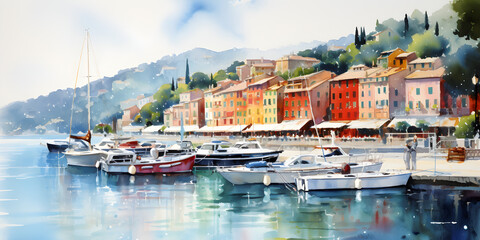 Watercolor illustration of an Italian village with colorful houses on coastline - obrazy, fototapety, plakaty