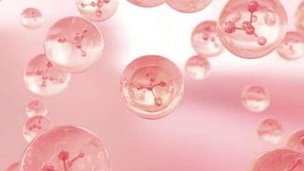 Molecule contained inside a liquid bubble. Essence Ball Molecules. Liquid bubbles with particles, cosmetic essence, and a water background.