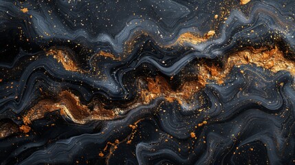 A sophisticated abstract background with poured layers of black and gold acrylics.  - obrazy, fototapety, plakaty