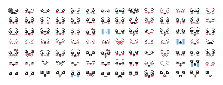 Kawaii Emojis, Adorable Expressive Cute Faces, Convey Affection, Happiness, And Playfulness, With Large, Sparkling Eyes