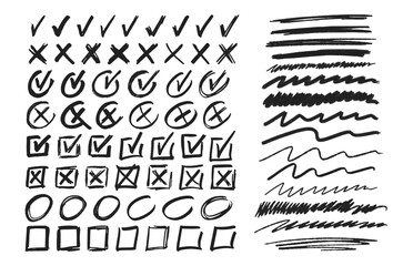 Manuscript Marks, Doodle Ticks, Crosses, Squares and Circles with Underlines. Monochrome Vector Signs Collection - 791820330