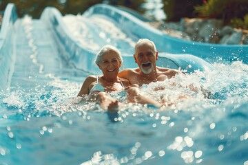 Senior couple man having fun in water park on slide