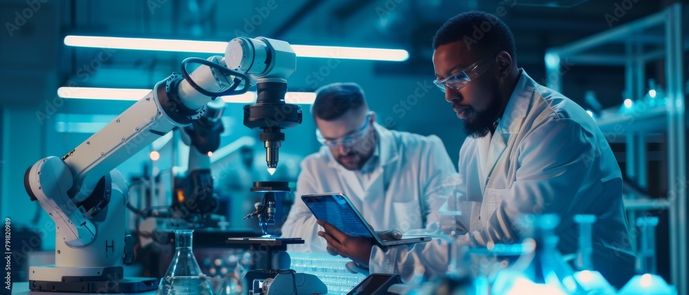 Poster an engineering team with a laptop and a tablet examines and discusses how a robotic arm functions an