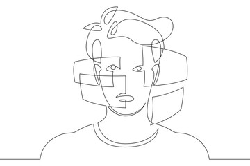 One continuous line.Augmented reality.Many screens in front of the user.Multiwindows of the virtual application.Virtual Reality.Continuous line drawing.Line Art isolated white background. - obrazy, fototapety, plakaty