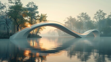 Fototapeta na wymiar Explore the fusion of nature and technology as a sleek, futuristic bridge spans a tranquil river, its lines blending seamlessly with the surrounding landscape.
