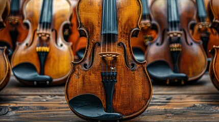 A violin in focus with other violins out of focus in the background on a wooden table. - obrazy, fototapety, plakaty
