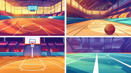 A basketball court and athletic track banner. Modern illustration of an empty stadium, running lane, and playfield with ball and goal. - obrazy, fototapety, plakaty