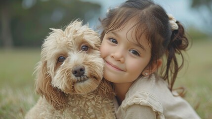 Portrait of a cute little girl hugging her dog outside