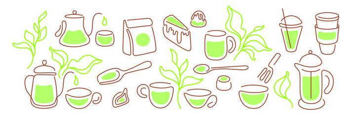 Matcha green tea Line cup, teapot, leaves, dessert - obrazy, fototapety, plakaty