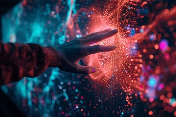 A persons hand gently touches a wall illuminated by a dazzling array of colorful lights, creating a mesmerizing and captivating visual experience.