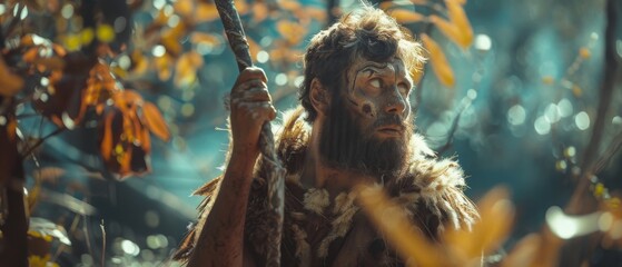 Earlier cavemen wore animal skins, and held stone-tipped spears to hunt for prey in prehistoric forests. Here is a photo of a Neanderthal going hunting in a jungle. - obrazy, fototapety, plakaty
