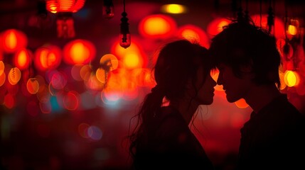 An evocative silhouette of a couple about to kiss, set against the warm, bokeh-lit backdrop of traditional lanterns