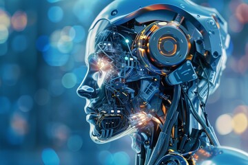 A robots head adorned with a futuristic interface displaying complex patterns and data, merging technology and artistry seamlessly.