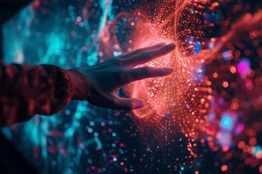 A persons hand gently touches a wall illuminated by a dazzling array of colorful lights, creating a mesmerizing and captivating visual experience.