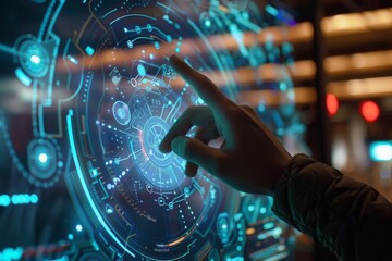 A person with intense focus pointing at a cutting-edge, futuristic interface filled with advanced digital technology.