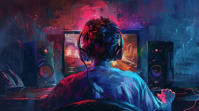 gamer streaming and playing video games with headset gaming peripherals hobby and lifestyle concept digital painting