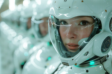 A futuristic society controlled by a powerful artificial intelligence, with humans relegated to subservient roles.Woman in futuristic space suit with transparent helmet and sports gear