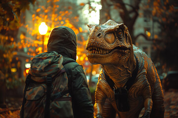 A parallel universe where dinosaurs still roam the Earth alongside modern cities.A man and a...
