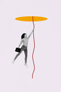 Sketch image composite collage of black white young lady fall down hold in hand rope apper from hole in sky businesswoman crisis stress