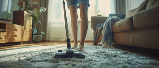 She uses a modern cordless vacuum cleaner. She is happy and cheerful as she cleans a carpet in a...