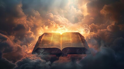 holy bible with glowing light in clouds way to salvation and gods word concept digital illustration - obrazy, fototapety, plakaty