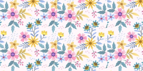 Digital flowers and leaves textile design isolated background. 