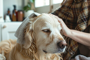 A person is petting a dog with a towel on its head. The dog appears to be enjoying the attention and the towel