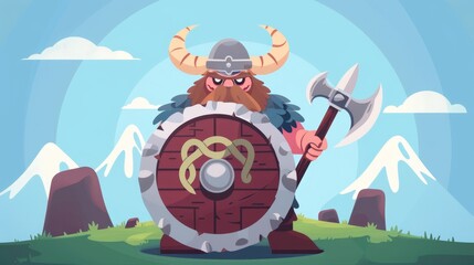 Illustration of medieval barbarian in horned helmet isolated on black background as a Viking character, ancient scandinavian warrior with sword and shield. - obrazy, fototapety, plakaty
