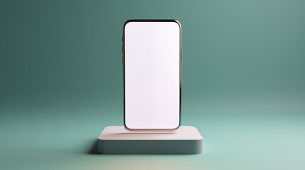 Smartphone mockup on pedestal against mint green background. Minimalist design phone template device advertising image. Technology concept cellphone photorealistic product mock up