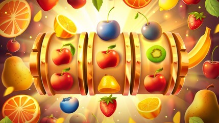 3D modern cartoon design for slot machine game screen with plums, bananas, cherries, blueberries, pears, lemons, and strawberries.